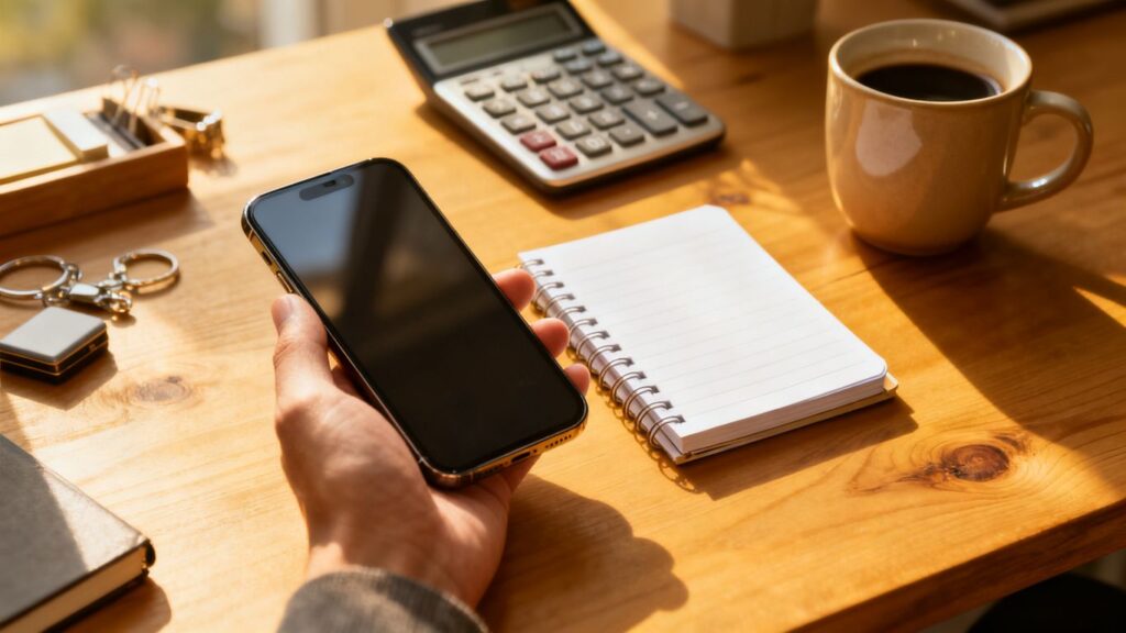 image | PromoDeals a hand comparing phones beside notebooks