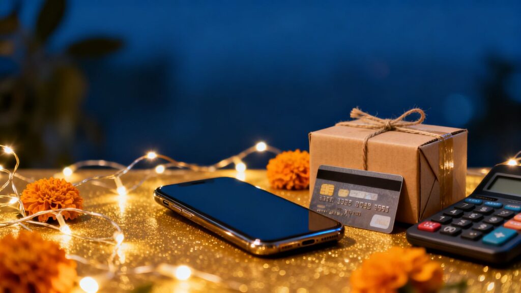 image | PromoDeals credit card and smartphone beside festive shopping packages