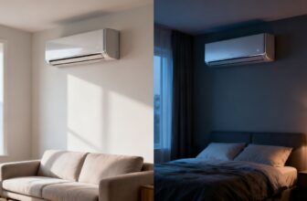 Split image: left side shows a bright living room with a beige sofa and a wall-mounted air conditioner; right side shows a dark bedroom with a bed, lamp, and another wall AC unit.