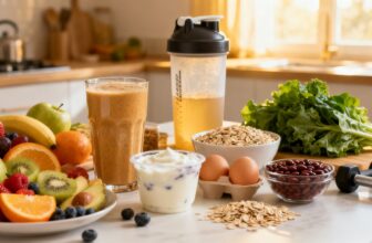 Assorted healthy breakfast foods on a kitchen counter: smoothie, yogurt with berries, oats, eggs, fruit, greens, and a protein shaker with dumbbells in the background.