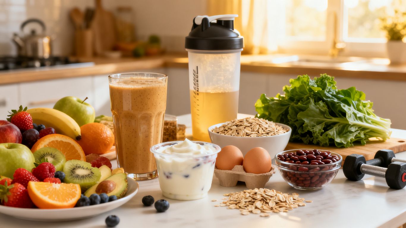 Protein Powder Your Healths New Bestie | PromoDeals assorted healthy breakfast foods on a kitchen counter: smoothie, yogurt with berries, oats, eggs, fruit, greens, and a protein shaker with dumbbells in the background.