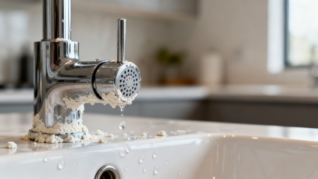 image | PromoDeals chrome kitchen faucet with white mineral buildup and water droplets on the sink surface