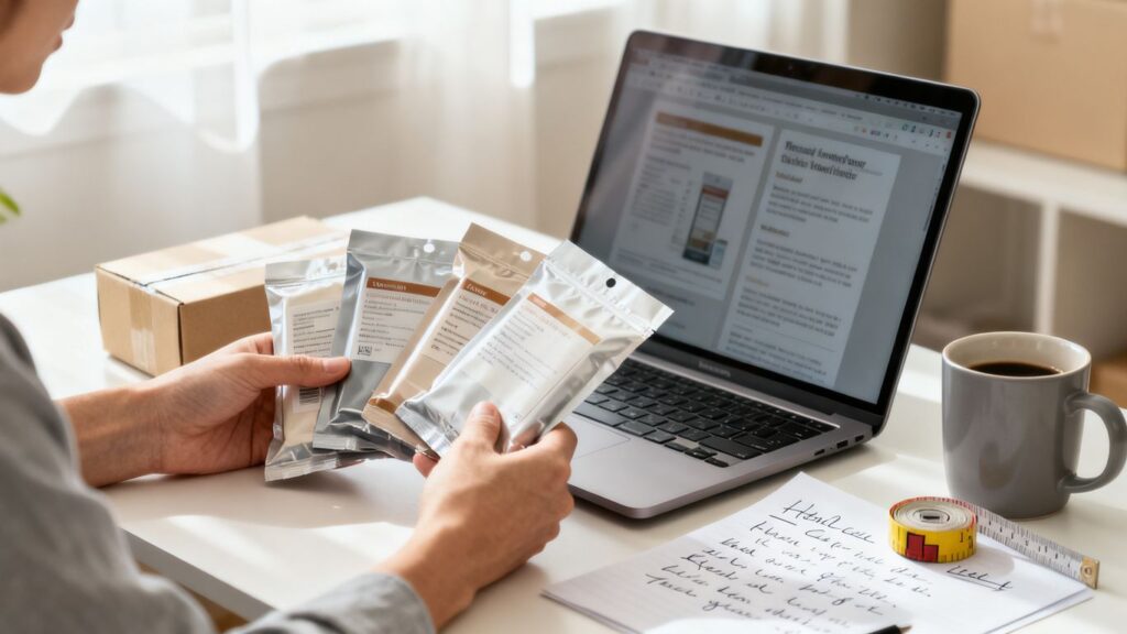 image | PromoDeals person organizing several sachet packets beside a laptop on a white desk for review or unpacking.