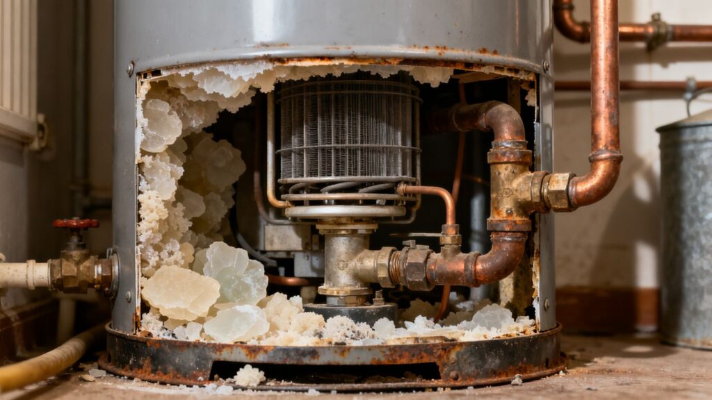 image | PromoDeals rusty furnace with exposed interior and large white mineral deposits around the burner and copper pipes.