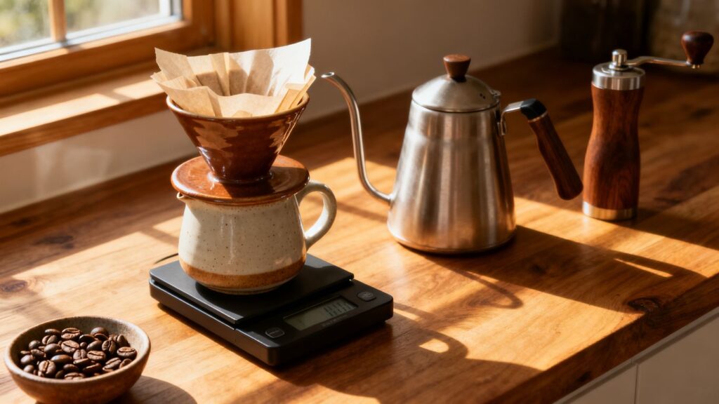image | PromoDeals ceramic pour over setup beside fresh coffee