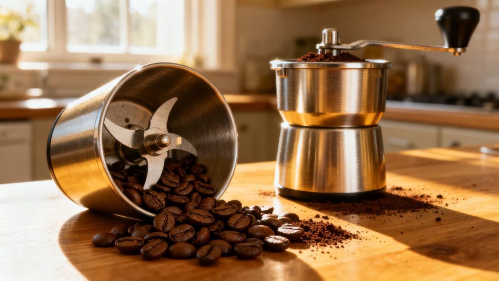 image | PromoDeals coffee beans beside two grinder designs
