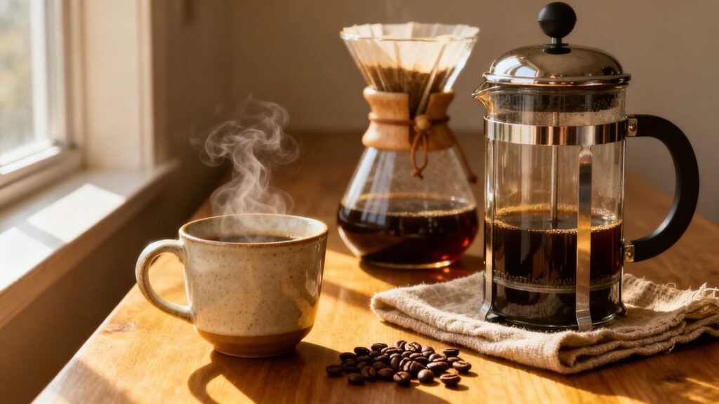 image | PromoDeals a steaming coffee cup beside two brewers