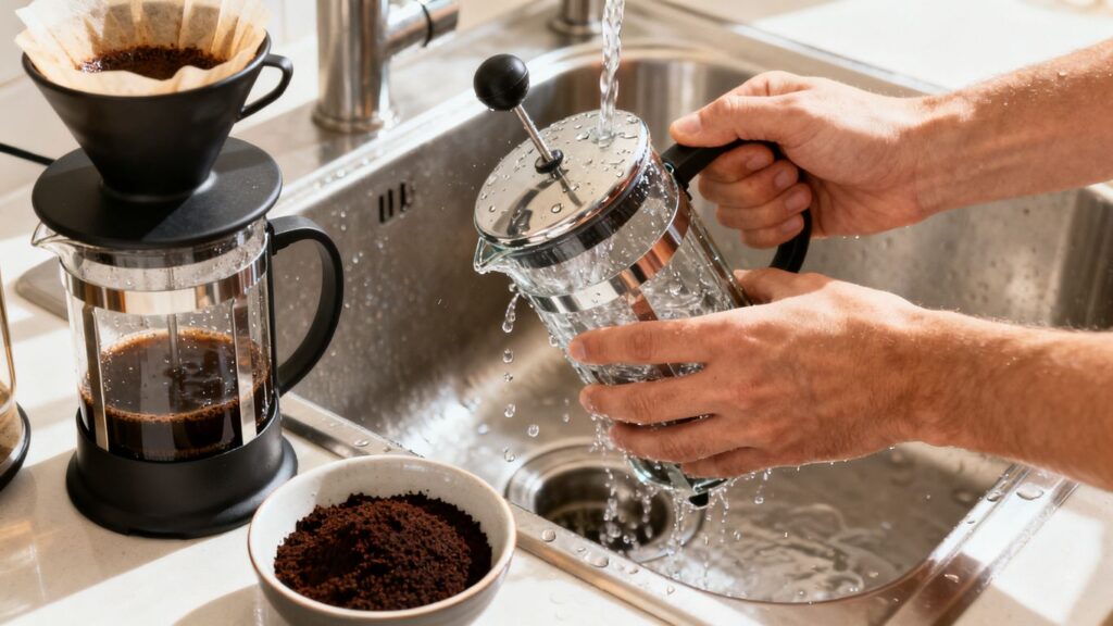 image | PromoDeals close-up of coffee grounds beside a rinsed french press