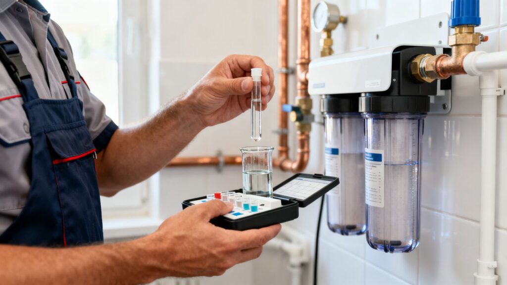 image | PromoDeals technician in blue overalls tests a water sample with a handheld meter beside a wall-mounted filtration system.