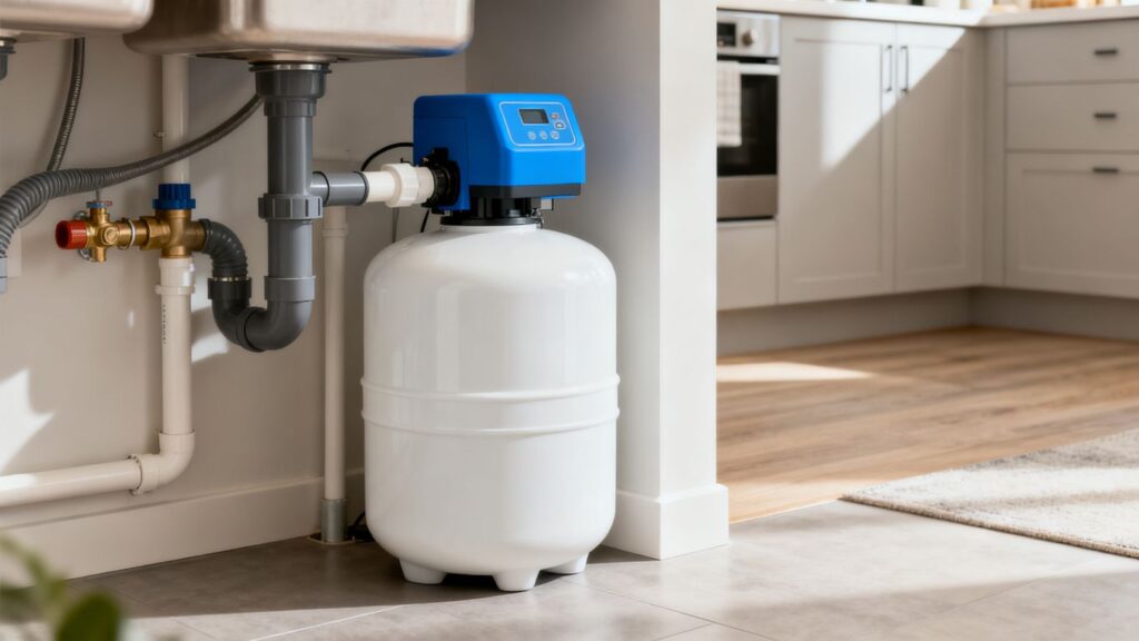 image | PromoDeals a compact water softener beside household plumbing