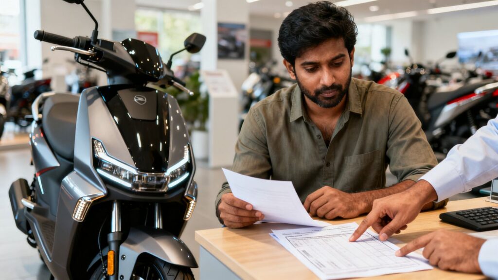 customer reviewing electric scooter purchase documents