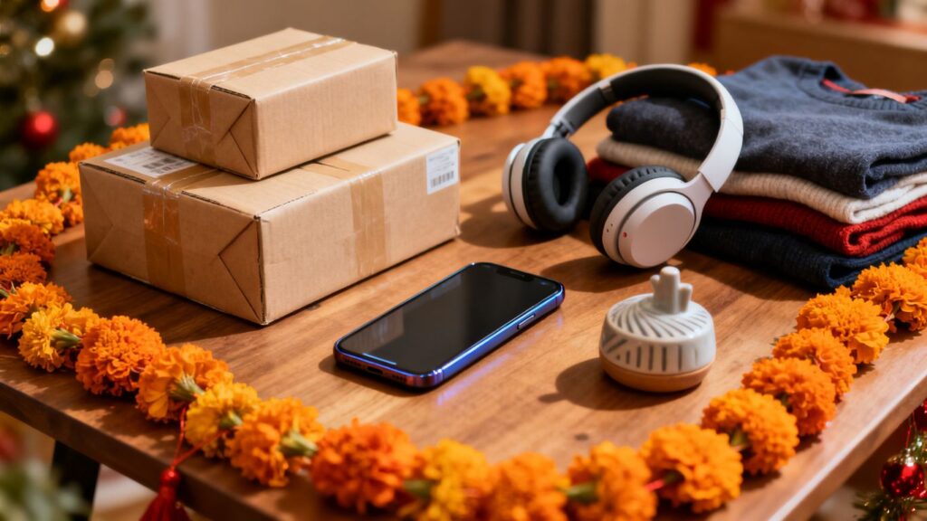parcel delivery beside festive shopping products