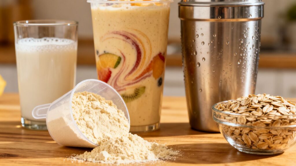 creamy whey concentrate powder beside milk