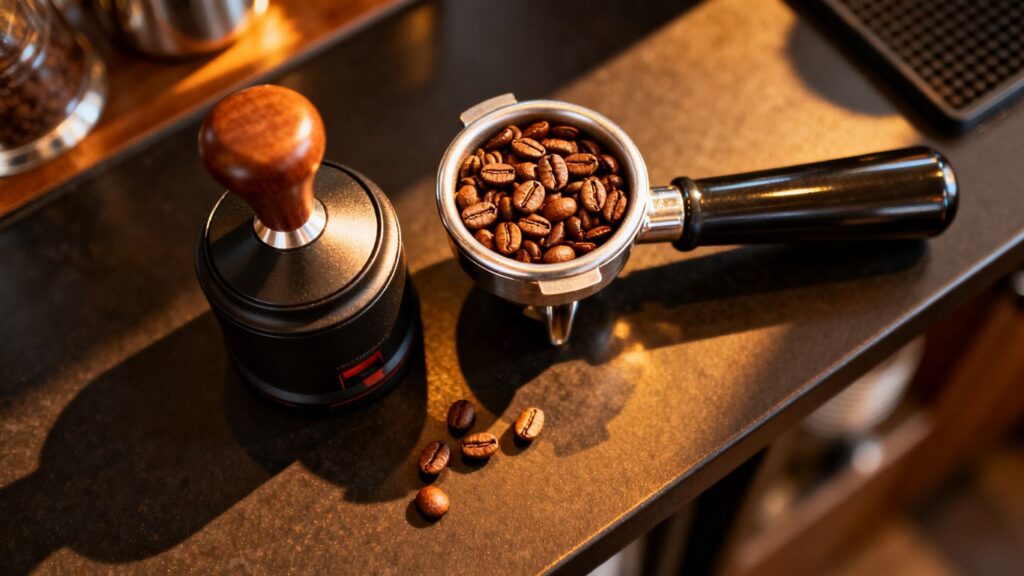 freshly roasted espresso beans beside a grinder