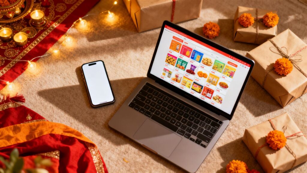 festive online shopping with colorful product packages