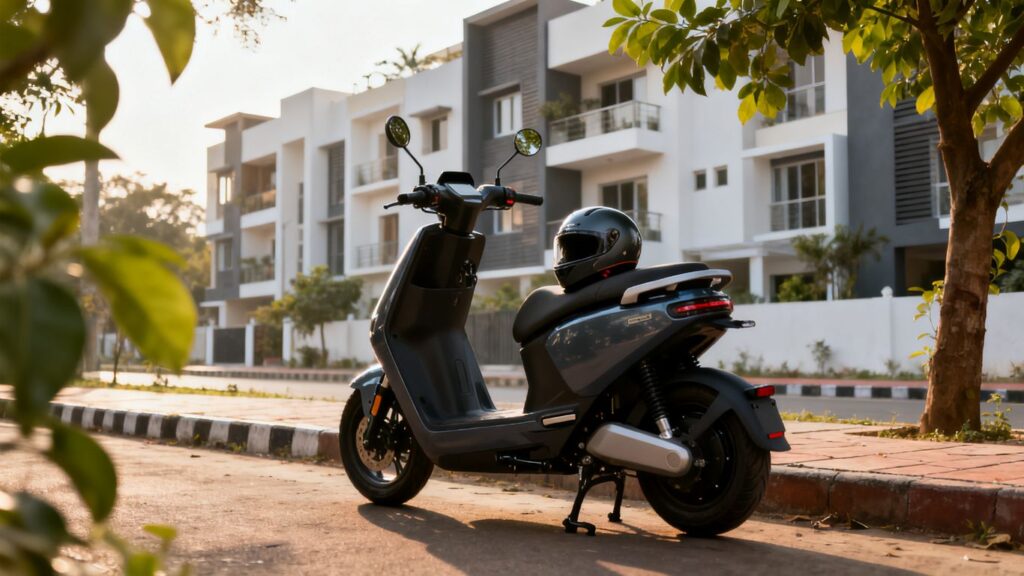 electric scooter parked beside a modern indian apartment