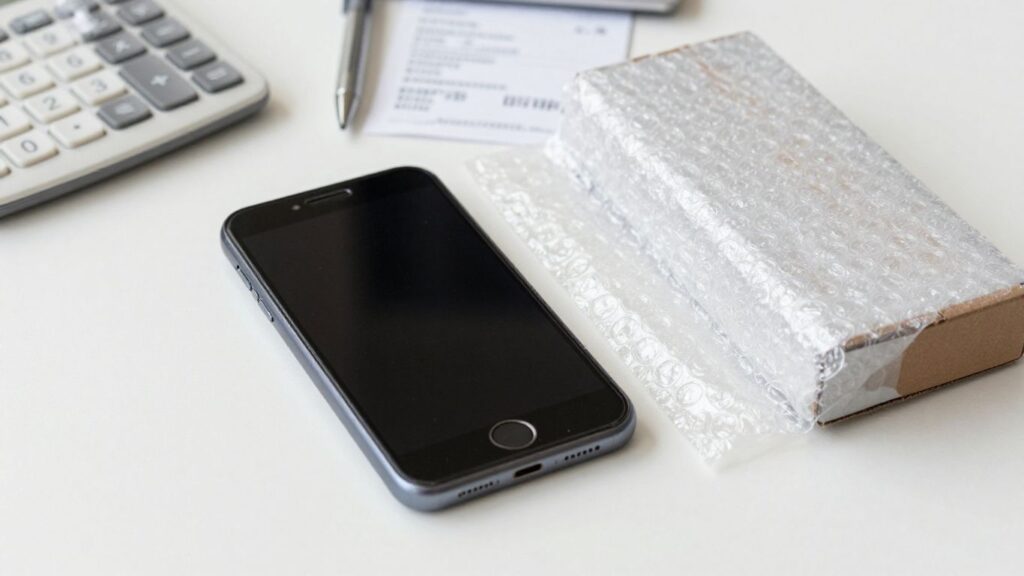 used smartphone beside a calculator and shipping box