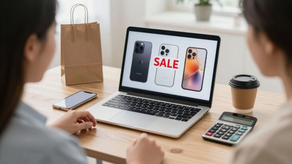 smartphone buyer reviewing offers at a clean desk