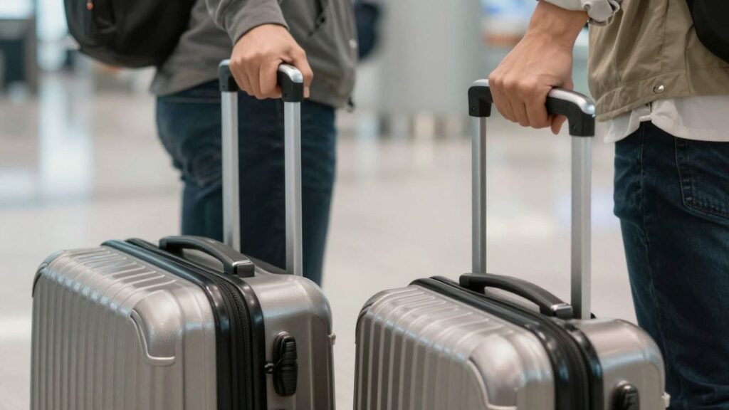 journalist2F56159cf7-d7bf-48a0-aafa-59730be143d02Fthumbnail | PromoDeals traveler comparing luggage wheels beside airport seating