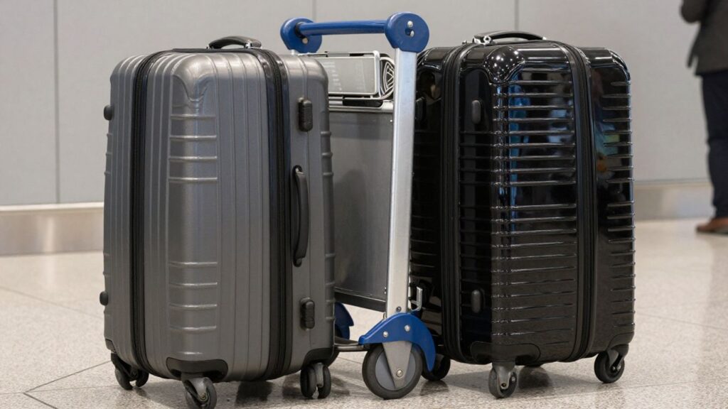 journalist2F78b13ac1-4c8d-4214-b247-2aac532136f42Fthumbnail | PromoDeals hard-shell suitcases beside airport baggage carts