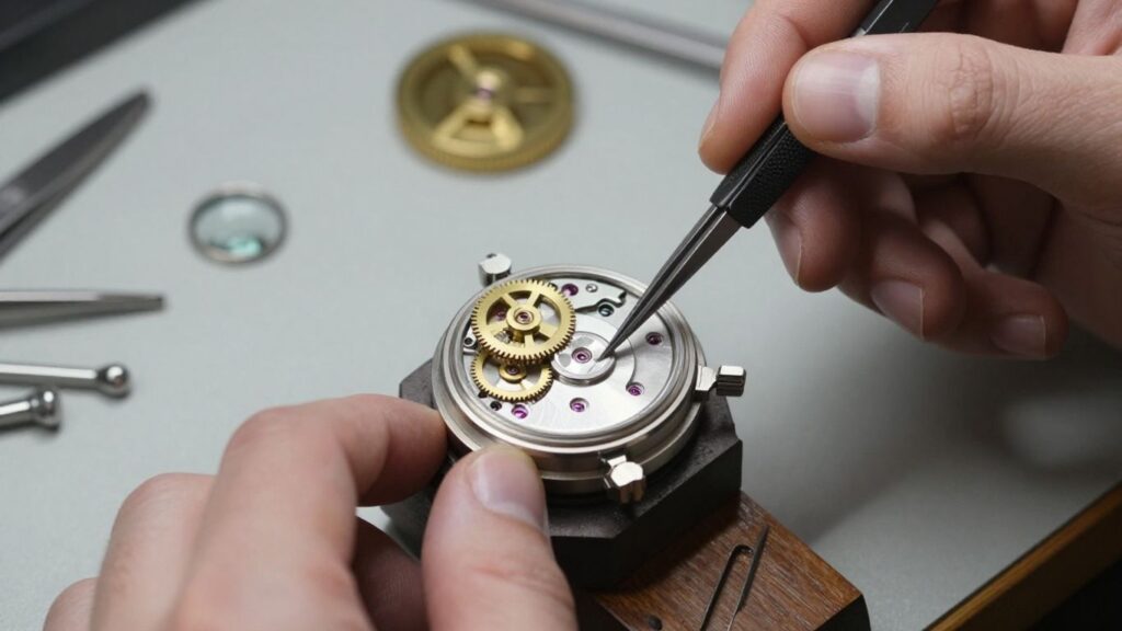 journalist2Fceb06298-6bf4-4cd6-b8b5-51570b035e002Fthumbnail | PromoDeals watchmaker examining an automatic movement with tools